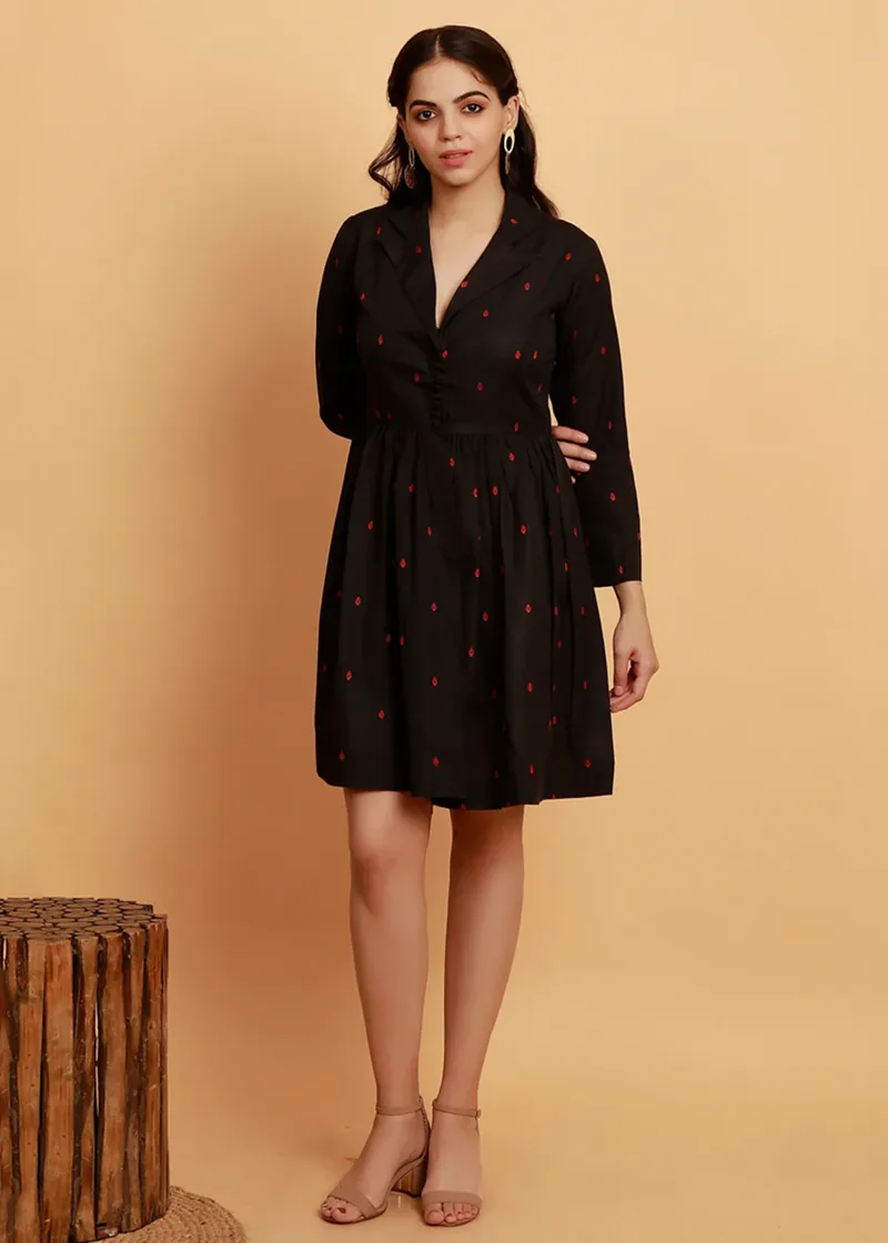 Black Shawl Collar Gathered Flared Woven Dress