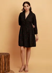 Black Shawl Collar Gathered Flared Woven Dress image 1