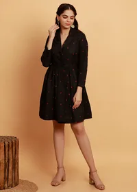 Black Shawl Collar Gathered Flared Woven Dress image 2