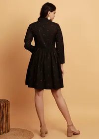 Black Shawl Collar Gathered Flared Woven Dress image 4
