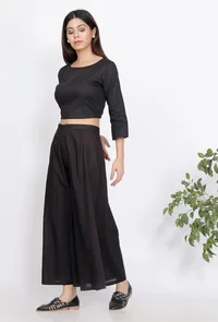 Set of 2 : Black Cotton Culottes and Black Blouse image 3