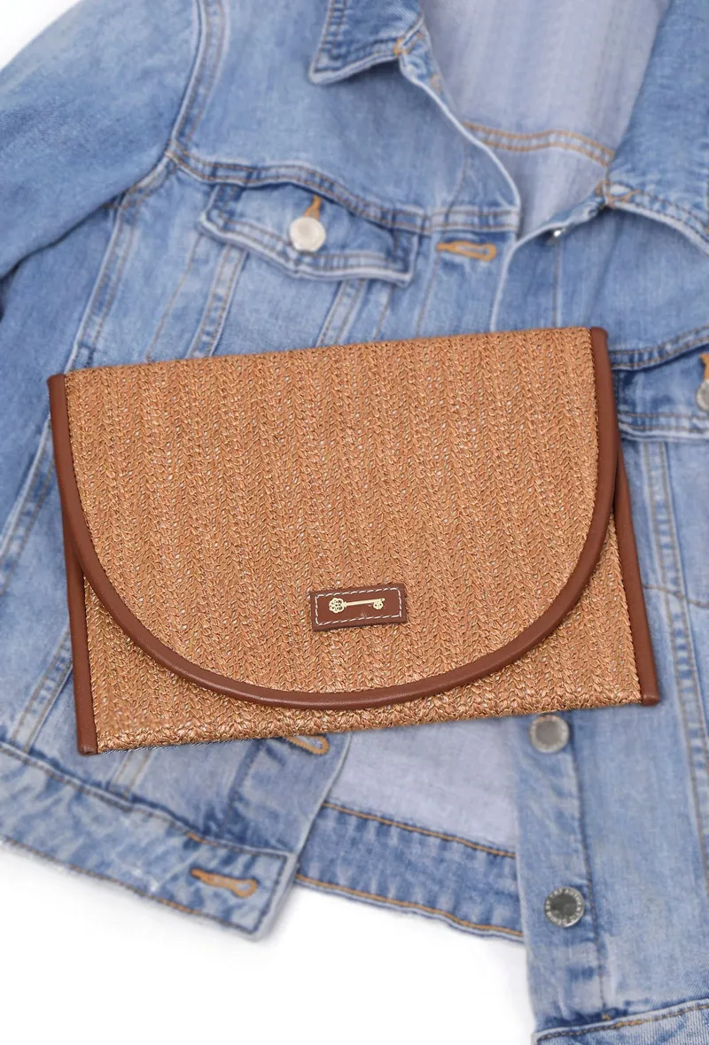 Cocoa Brown Raffia Weave Pouch Bag