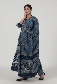 Set Of 3: Indigo Printed Blue Cotton Anarkali, Pant & Dupatta Set image 2
