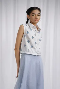 Blue Printed White Cotton Buttoned Down Shirt image 1