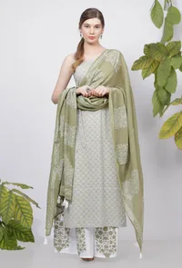 Sage Green Hand-Block Printed Tasseled Kota Dupatta image 1