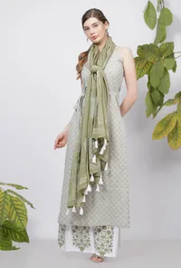 Sage Green Hand-Block Printed Tasseled Kota Dupatta image 2