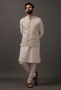 Set of 3: Beige Kurta pajama with Brown Waist coat image 1