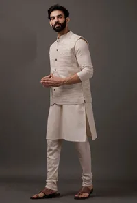Set of 3: Beige Kurta pajama with Brown Waist coat image 2