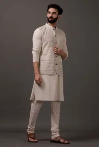 Set of 3: Beige Kurta pajama with Brown Waist coat image 3