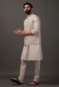 Set of 3: Beige Kurta pajama with Brown Waist coat image 4