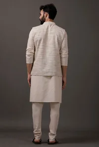 Set of 3: Beige Kurta pajama with Brown Waist coat image 5