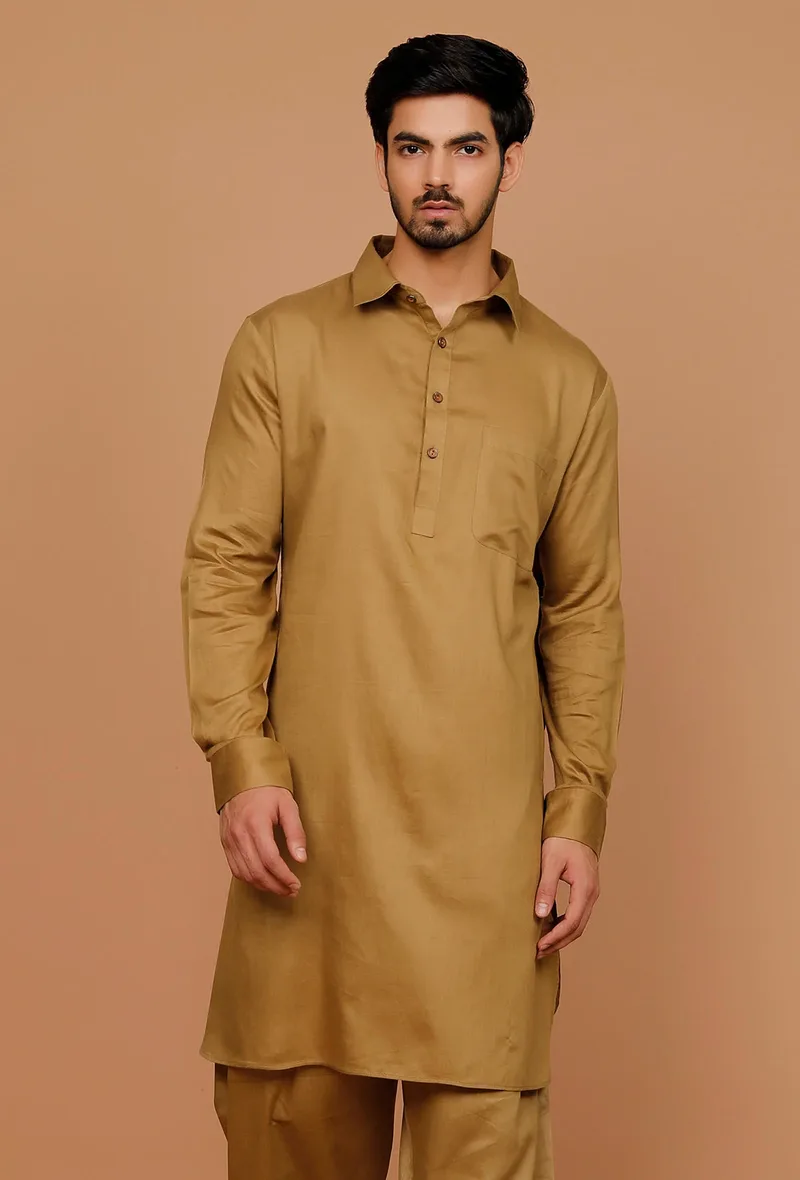 Bronze Cotton Satin Pathani Kurta