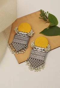 Unique Handmade Designer Round Handloom Yellow Fabric Partywear Dangler Earrings image 1