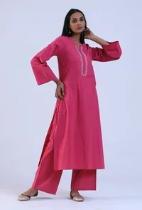Pink Cotton Kurta With Embroidery on Neckline image 2