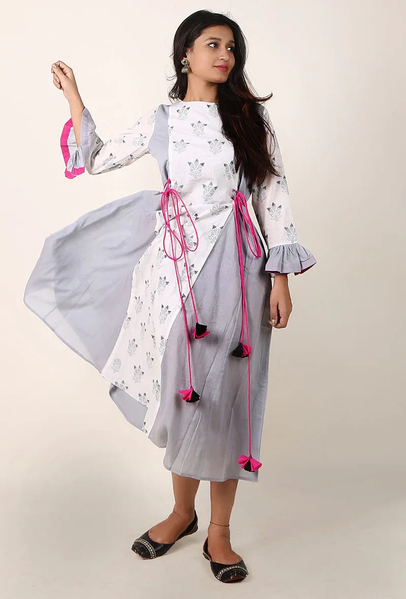 White & Light Grey Hand Block Printed Cotton Midi Dress With Bell Sleeves