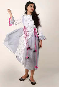 White & Light Grey Hand Block Printed Cotton Midi Dress With Bell Sleeves image 1