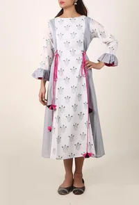 White & Light Grey Hand Block Printed Cotton Midi Dress With Bell Sleeves image 2
