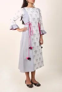 White & Light Grey Hand Block Printed Cotton Midi Dress With Bell Sleeves image 3