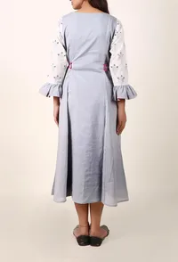 White & Light Grey Hand Block Printed Cotton Midi Dress With Bell Sleeves image 4