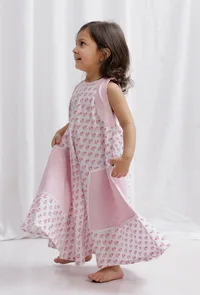 Pink Striped And Block Printed Cotton Halter Neck Dress With Lace Detailing image 2