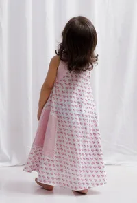 Pink Striped And Block Printed Cotton Halter Neck Dress With Lace Detailing image 3