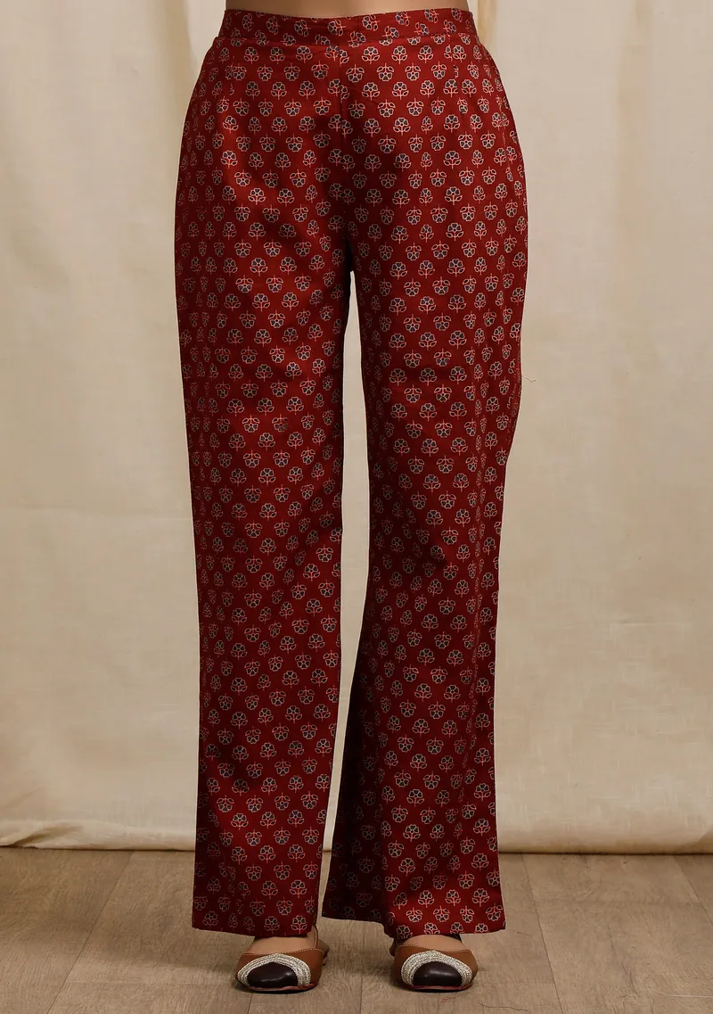red ajrakh print straight pants