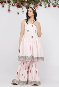 Set of 2 : Light Pink Short Cotton  Hand-Block Printed Kurta with Cotton Pink Block Printed Sharara image 1