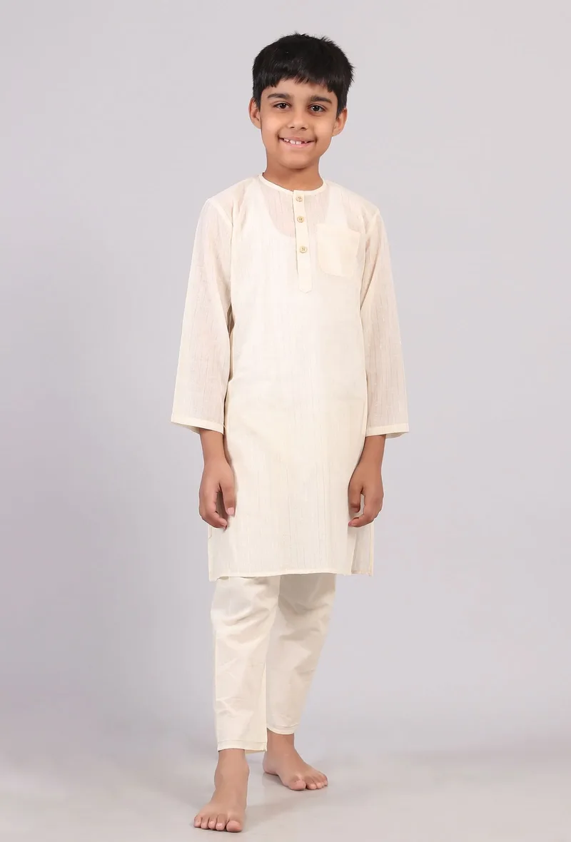 Set Of 2: White Cotton Silver Stripes Kurta Pyjama Set