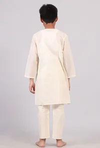 Set Of 2: White Cotton Silver Stripes Kurta Pyjama Set image 4