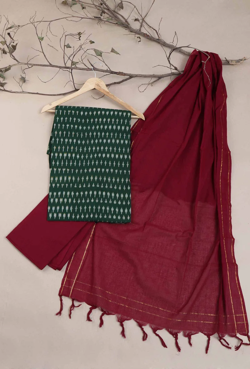 Set of 3: Emerald Green Ikat Cotton Suit with Bottoms and Dupatta