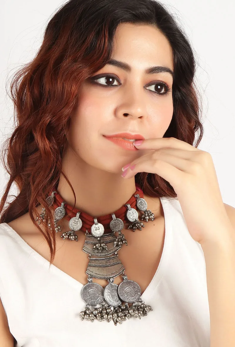 Red Thread & German Silver Tribal Coin Choker & Earrings Set