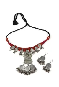 Red Thread & German Silver Tribal Coin Choker & Earrings Set image 2
