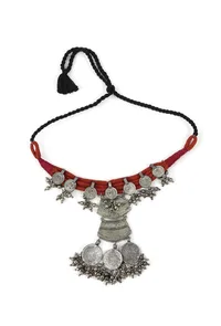 Red Thread & German Silver Tribal Coin Choker & Earrings Set image 3