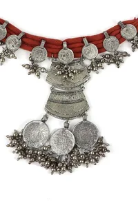 Red Thread & German Silver Tribal Coin Choker & Earrings Set image 5