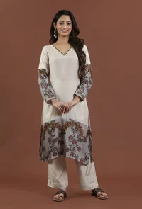 Set of 2: Ivory Kalamkari Printed Muslin Silk Kurta with Shantoon Pant Set image 2