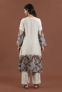Set of 2: Ivory Kalamkari Printed Muslin Silk Kurta with Shantoon Pant Set image 4