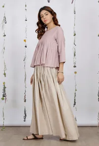 Set of 2: Orchid Pink Round Flared Cotton Khaadi Top with Beige Pleated Skirt image 2