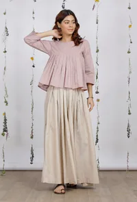 Set of 2: Orchid Pink Round Flared Cotton Khaadi Top with Beige Pleated Skirt image 3