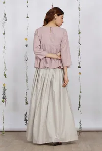 Set of 2: Orchid Pink Round Flared Cotton Khaadi Top with Beige Pleated Skirt image 4