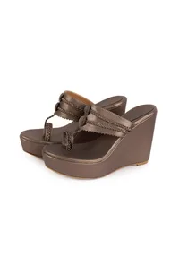 Silver Tan Vegan Leather Kolhapuri Wedges image 2