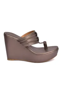 Silver Tan Vegan Leather Kolhapuri Wedges image 3