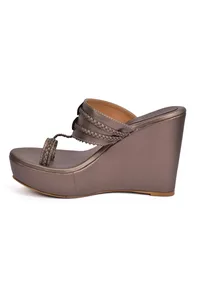 Silver Tan Vegan Leather Kolhapuri Wedges image 4