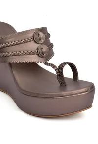 Silver Tan Vegan Leather Kolhapuri Wedges image 6