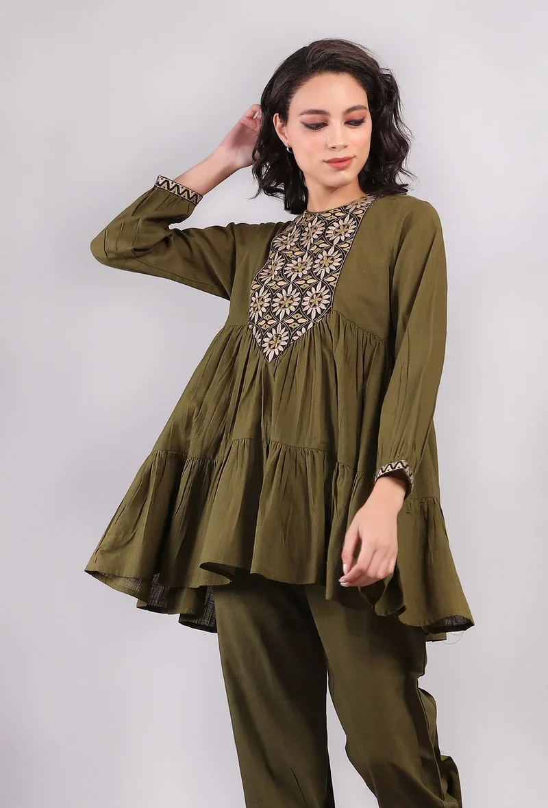 Olive Green Kantha Embroidered Short Tier Kurta