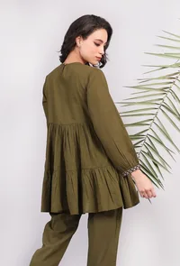 Olive Green Kantha Embroidered Short Tier Kurta image 4