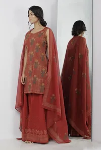 Set of 3: Gerua Maroon Floral Hand-Block Printed Sleeveless Cotton Short Kurta with Printed Cotton Palazzo and Floral Hand-Block Printed Kota Dupatta image 1