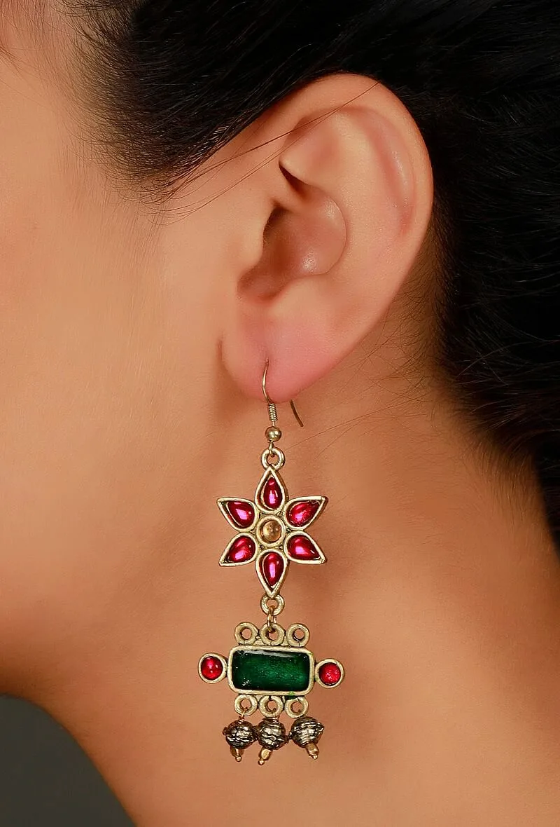 Pink-Green Afghan German Silver Earrings