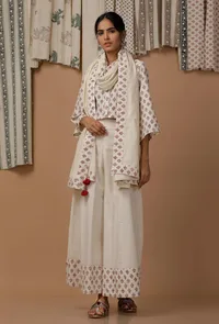 Set of 3 : Off White Hand Block Printed Cotton Top, Sari Drape and Culottes image 2