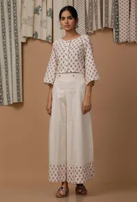 Set of 3 : Off White Hand Block Printed Cotton Top, Sari Drape and Culottes image 3