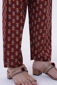 Set Of 3: Red & Multicolor Cotton Block Printed Kurta, Pant & Dupatta image 6